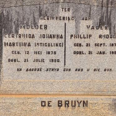 BRUYN Phillip Rudolph, de 1876-1956 &amp; Gertruida Johanna Marthina STIGHLING 1875-1950