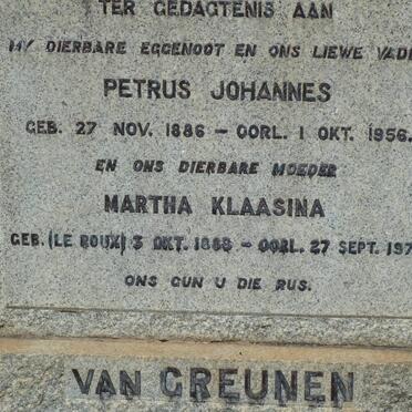 GREUNEN Petrus Johannes, van 1886-1956 &amp; Martha Klaasina LE ROUX 1888-1973