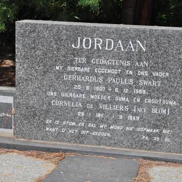 JORDAAN Gerhardus Paulus Swart 1907-1969 &amp; Cornelia De Villiers BLOM 1911-1989