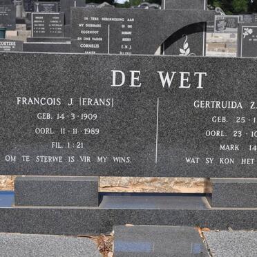 WET Francois J., de 1909-1989 &amp; Gertruida Z. 1916-1988