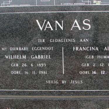 AS Wilhelm Gabriel, van 1893-1981 &amp; Francina Alberta HUMAN 1910-1995