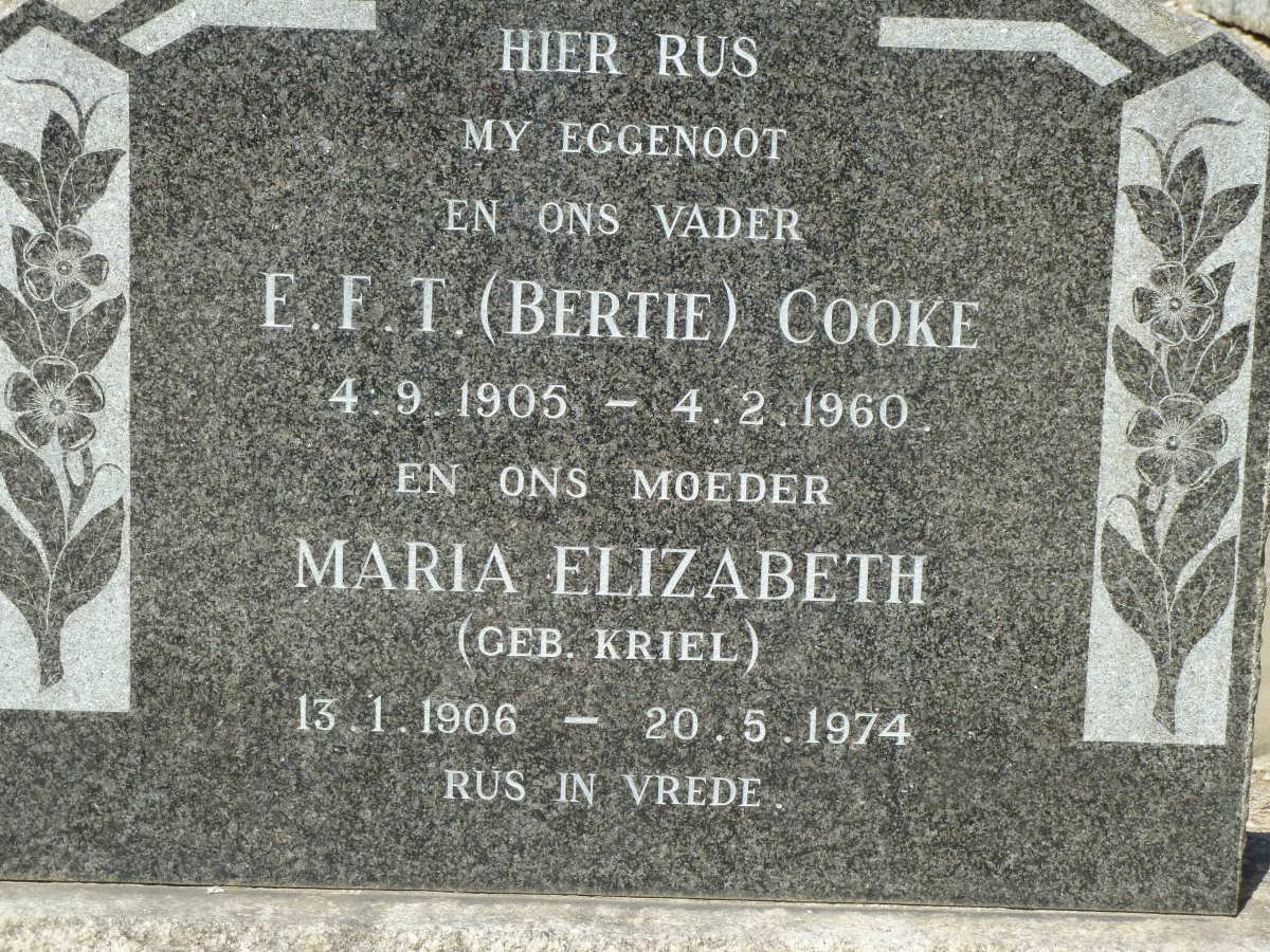 COOKE E.F.T 1905-1960 &amp; Maria Elizabeth KRIEL 1906-1974