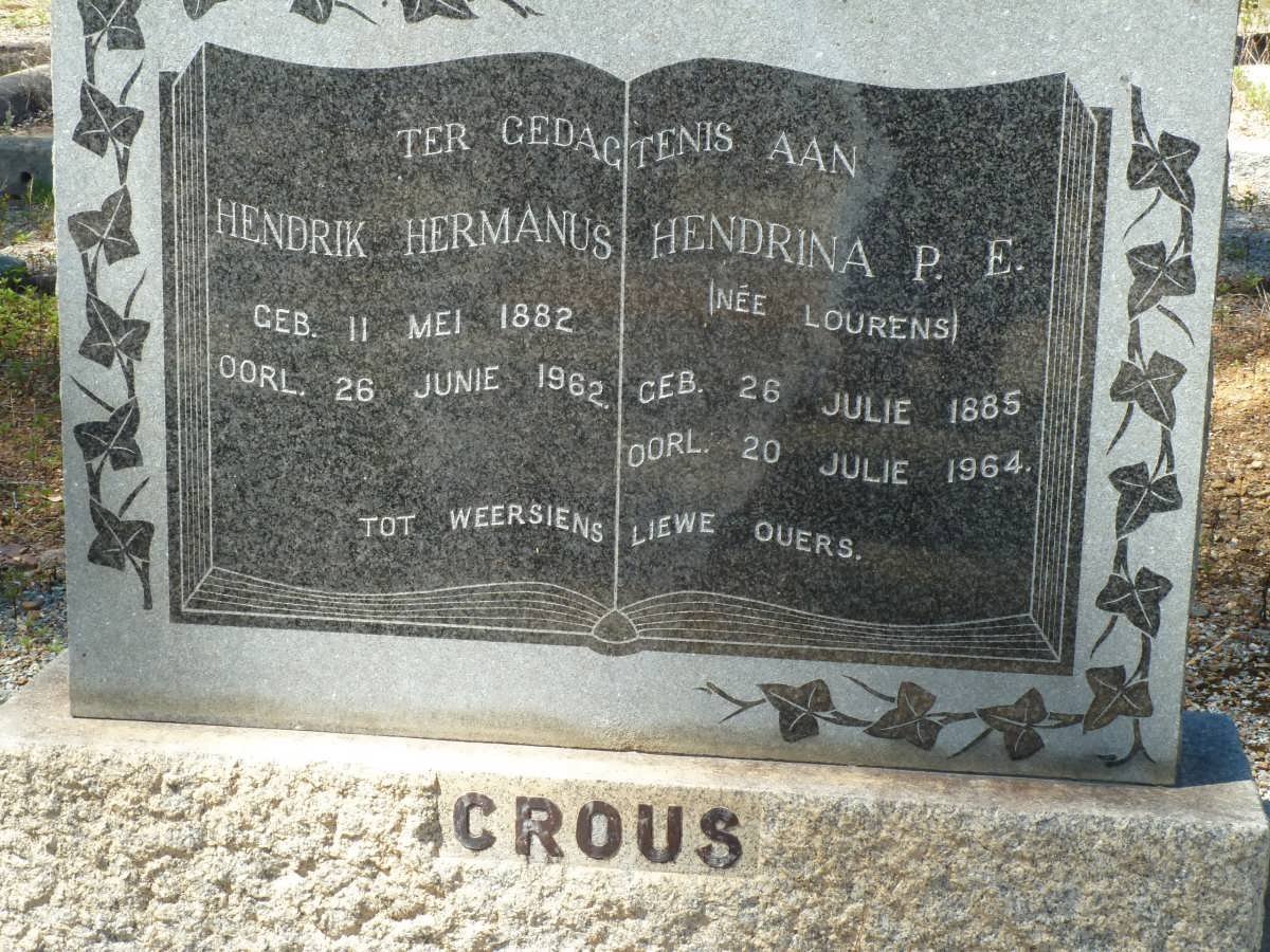 CROUS Hendrik Hermanus 1882-1962 &amp; Hendrina P.E. LOURENS 1885-1964