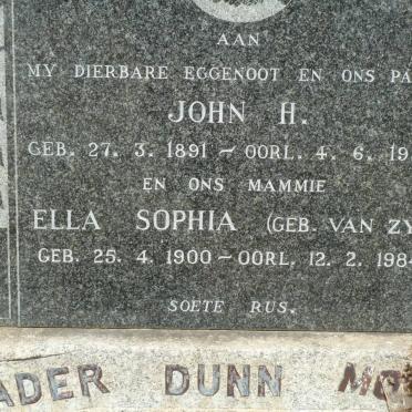DUNN John H. 1891-1957 &amp; Ella Sophia VAN ZYL 1900-1984