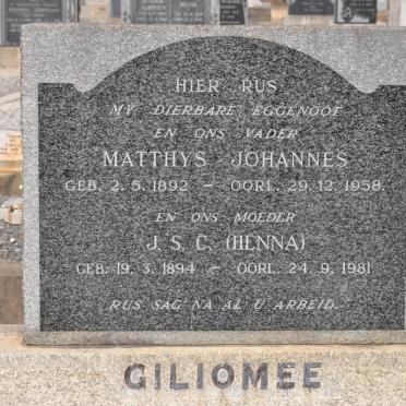 GILIOMEE Matthys Johannes 1892-1958 &amp; J.S.C. 1894-1981