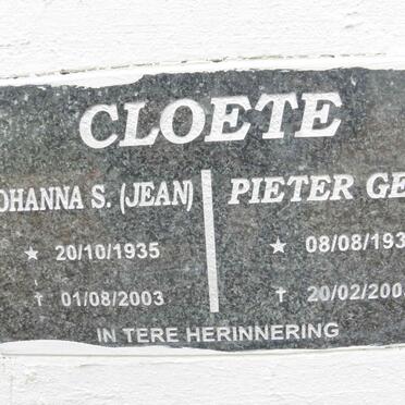 CLOETE Pieter Gert 1931-2005 &amp; Johanna S. 1935-2003