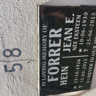 FORRER Hein 1926-2015 &amp; Jean E. EKSTEEN 1930-2015