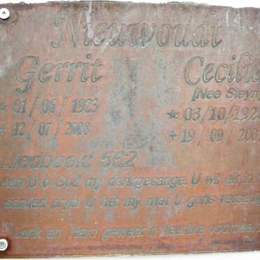 NIEUWOUDT Gerrit 1923-2008 &amp; Cecilia STEYN 1928-2007