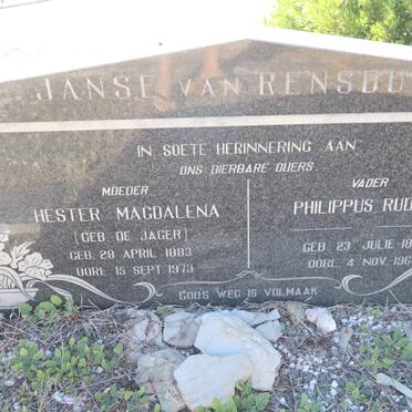 RENSBURG Philippus Rudolf, Janse van 1883-1960 & Hester Magdalena DE JAGER 1883-1973