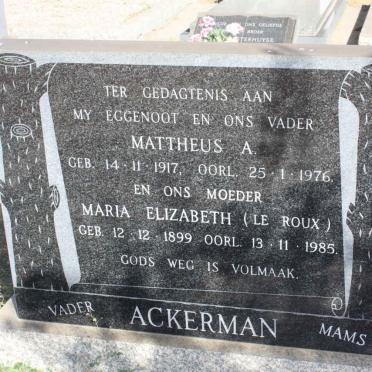 ACKERMAN Mattheus A. 1917-1976 &amp; Maria Elizabeth LE ROUX 1899-1985     