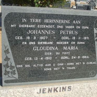 JENKINS Johannes Petrus 1907-1971 &amp; Gloudina Maria DU TOIT 1910-1984
