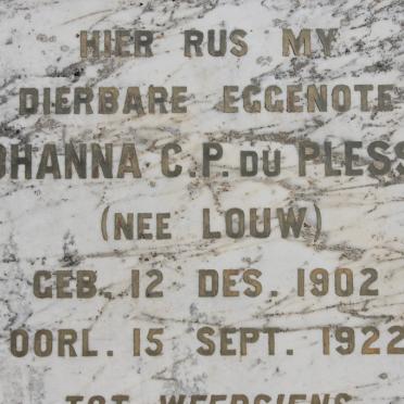 PLESSIS Johanna C.P., du nee LOUW 1902-1922