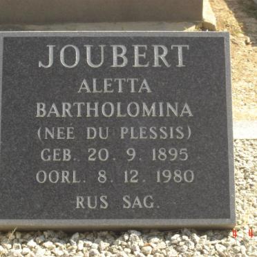 JOUBERT Aletta Bartholomina nee DU PLESSIS 1895-1980