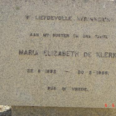 KLERK Maria Elizabeth, de 1882-1966