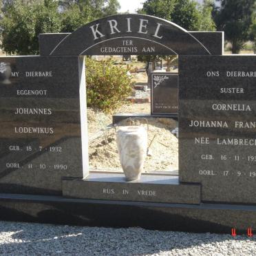 KRIEL Johannes Lodewikus 1932-1990 &amp; Cornelia Johanna Francina LAMBRECHTS 1937-1997