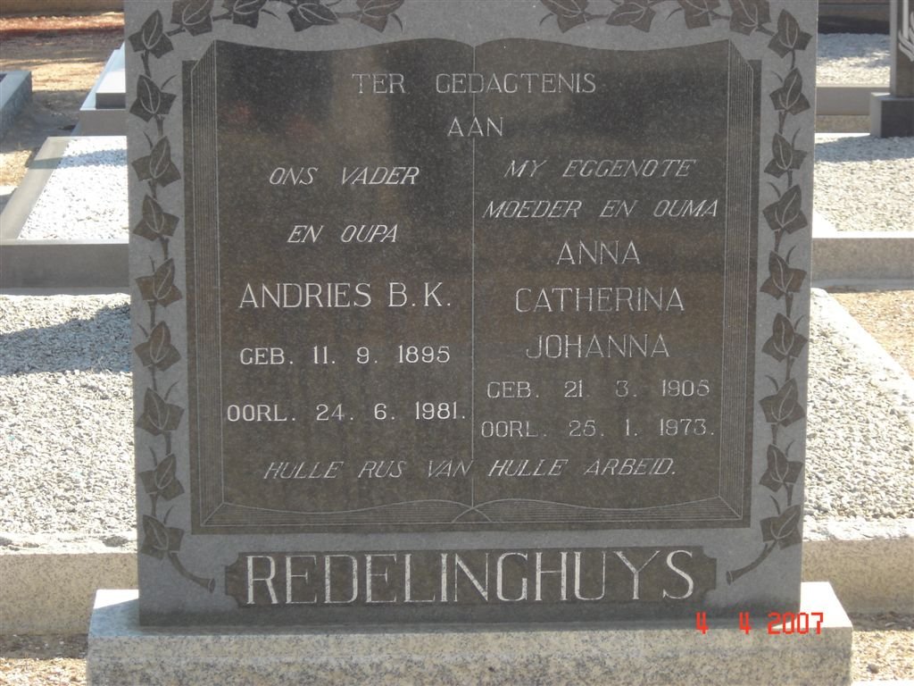 REDELINGHUYS Andries B.K. 1895-1981 &amp; Anna Catherina Johanna 1905-1973