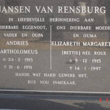 RENSBURG Andries Bartholomeus, Janse van 1915-1991 &amp; Elizabeth Margaretha ROUX 1915-1997