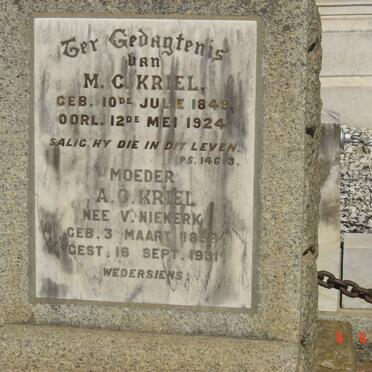 KRIEL M.C. 1849-1924 &amp; A.G. V. NIEKERK 1858-1931