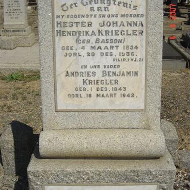 KRIEGLER Andries Benjamin 1843-1942 &amp; Hester Johanna Hendrika BASSON 1854-1936