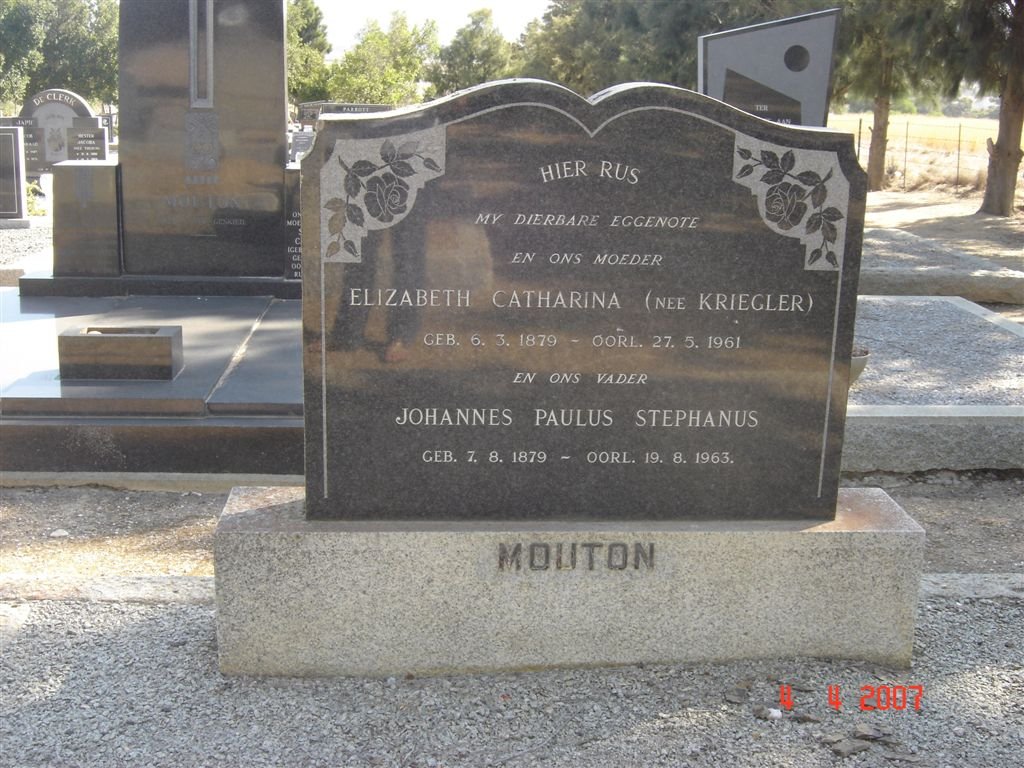 MOUTON Johannes Paulus Stephanus 1879-1963 &amp; Elizabeth Catharina KRIEGLER 1879-1961