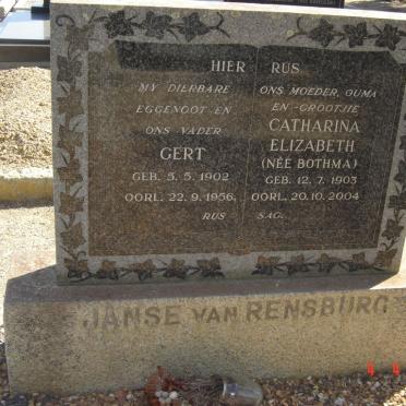 RENSBURG Gert, Janse van 1902-1956 &amp; Catharina Elizabeth BOTHMA 1903-2004