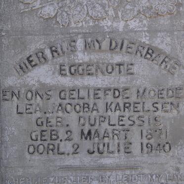 KARELSEN Lea Jacoba nee DU PLESSIS 1871-1940 