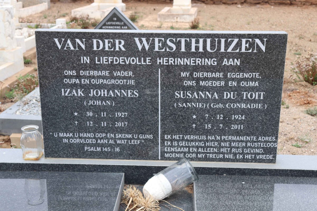 WESTHUIZEN Izak Johannes, van der 1927-2017 & Susanna DU TOIT nee CONRADIE 1924-2011