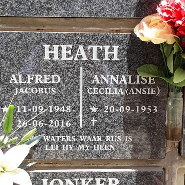 HEATH Alfred Jacobus 1948-2016 &amp; Annalise Cecilia 1953-