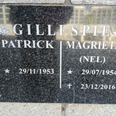 GILLESPIE  Patrick 1953- &amp; Magrieta NEL 1954-2016