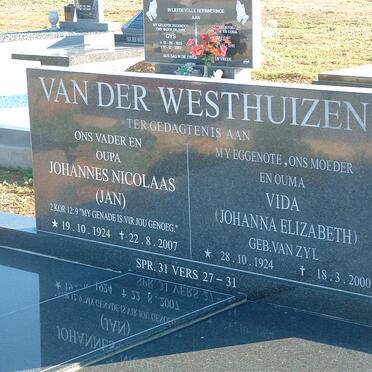 WESTHUIZEN Johannes Nicolaas, van der 1924-2007 &amp; Johanna Elizabeth VAN ZYL 1924-2000