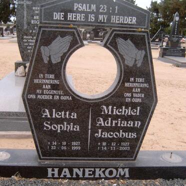 HANEKOM Michiel Adriaan Jacobus 1927-2003 &amp; Aletta Sophia 1927-1999