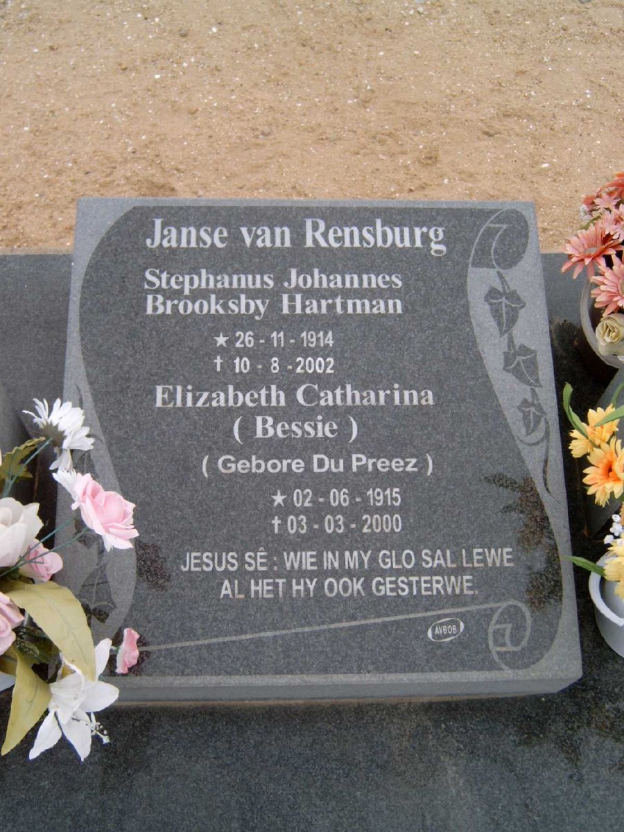 RENSBURG Stephanus Johannes Brooksby Hartman, Janse van 1914-2002 &amp; Elizabeth Catharina DU PREEZ 1915-2000