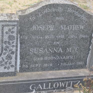 GALLOWITZ Joseph Mathew 1875-1945 &amp; Susanna M.C. BOONZAAIER 1878-1961