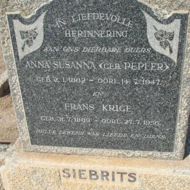 SIEBRITS Frans Krige 1880-1956 &amp; Anna Susanna PEPLER 1882-1947