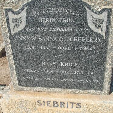 SIEBRITS Frans Krige 1880-1956 &amp; Anna Susanna PEPLER 1882-1947