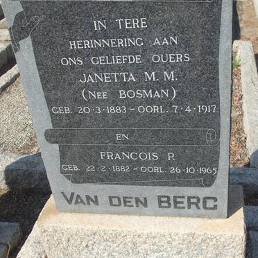 BERG Francois P., van den 1882-1965 &amp; Janetta M.M. BOSMAN 1883-1917