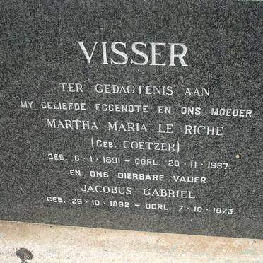 VISSER Jacobus Gabriel 1892-1973 &amp; Martha Maria Le Riche COETZER 1891-1967