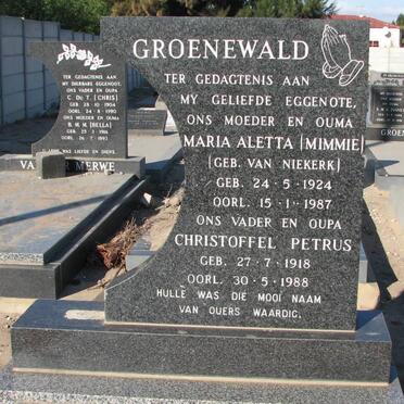GROENWALD Christoffel Petrus 1918-1988 &amp; Maria Aletta van NIEKERK 1924-1987