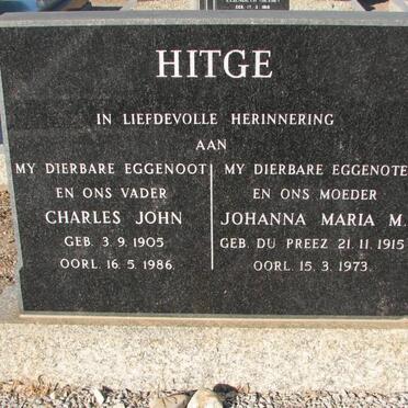 HITGE Charles John 1905-1986 &amp; Johanna Maria M. du PREEZ 1915-1973