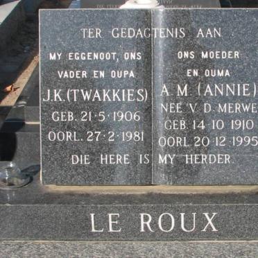 ROUX J.K., le 1906-1981 &amp; A.M. v.d. MERWE 1910-1995