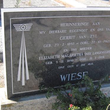 WIESE Gerrit Van Zyl 1892-1962 &amp; Elizabeth Magrietha  LANGEVELDT 1892-1978