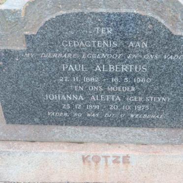 KOTZÉ Paul Albertus 1882-1960 &amp; Johanna Aletta STEYN 1891-1975