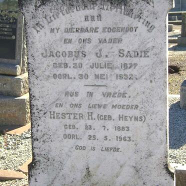 SADIE Jacobus J. 1877-1932 &amp; Hester H. HEYNS 1883-1963