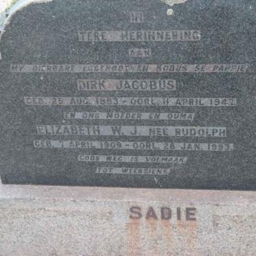 SADIE Dirk Jacobus 1883-1947 &amp; Elizabeth W.J. RUDOLPH 1909-1993