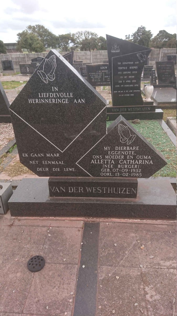 WESTHUIZEN Aletta Catharina, van der nee BURGER 1932-1985