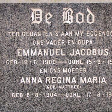 BOD Emmanuel Jacobus, de 1900-1977 &amp; Anna Regina Maria MATTHEE 1904-1985