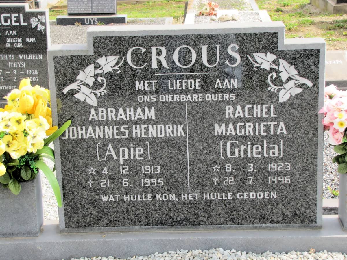 CROUS Abraham Johannes Hendrik 1913-1995 &amp; Rachel Magrieta 1923-1996