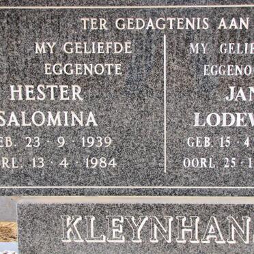 KLEYNHANS Jan Lodewyk 1936-1998 &amp; Hester Salomina 1939-1984