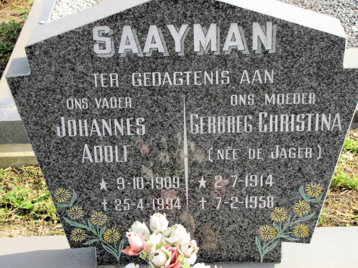 SAAYMAN Johannes Adolf 1909-1994 &amp; Gerbreg Christina de JAGER 1914-1958