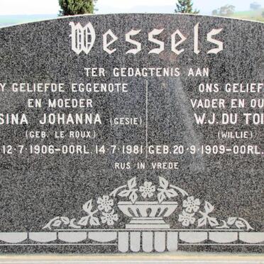 WESSELS W.J. du Toit 1909-1998 &amp; Gesina Johanna Le ROUX 1906-1981
